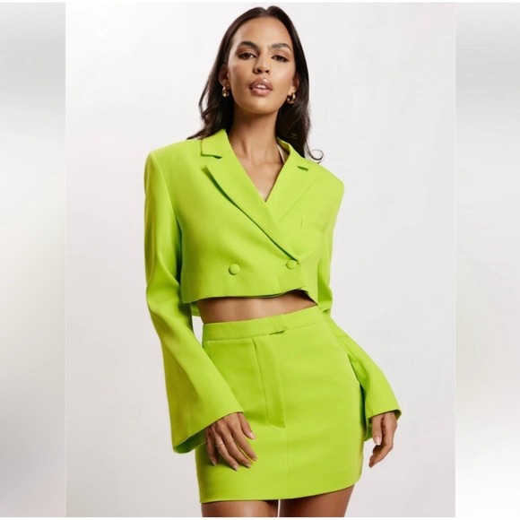 Meshki Luella Neon Green Women's Skirt Suit Cropped Blazer Small Casual Party - Picture 3 of 16